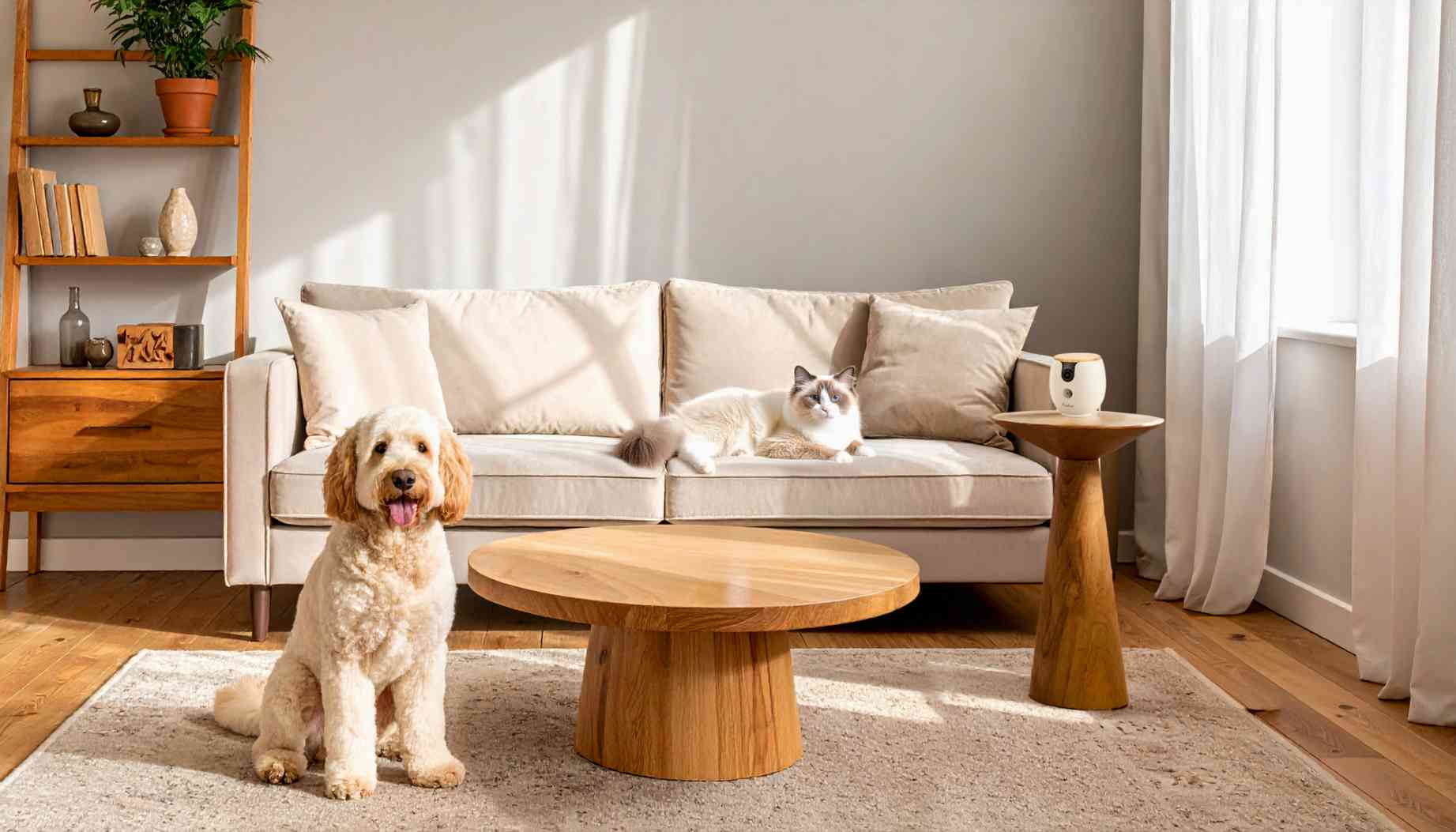 A dog and a cat in the living room