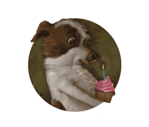 Painting of a dog with a cupcake
