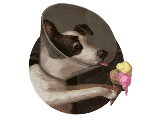 Painting of a dog in a cone of shame trying to eat an ice cream cone