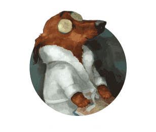 Painting of a dog in a bathrobe with cucumber slices on its eyes